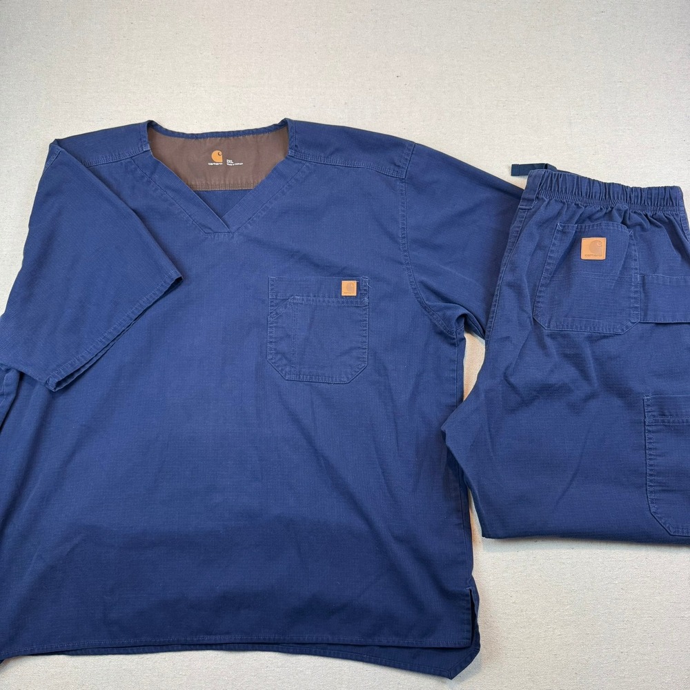 Carhartt 2XL Scrub Set Men Navy Blue Ripstop V-Neck Top Cargo Pants C54108